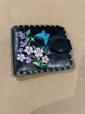 Black Floral Embroidered Wallet with Snap Closure